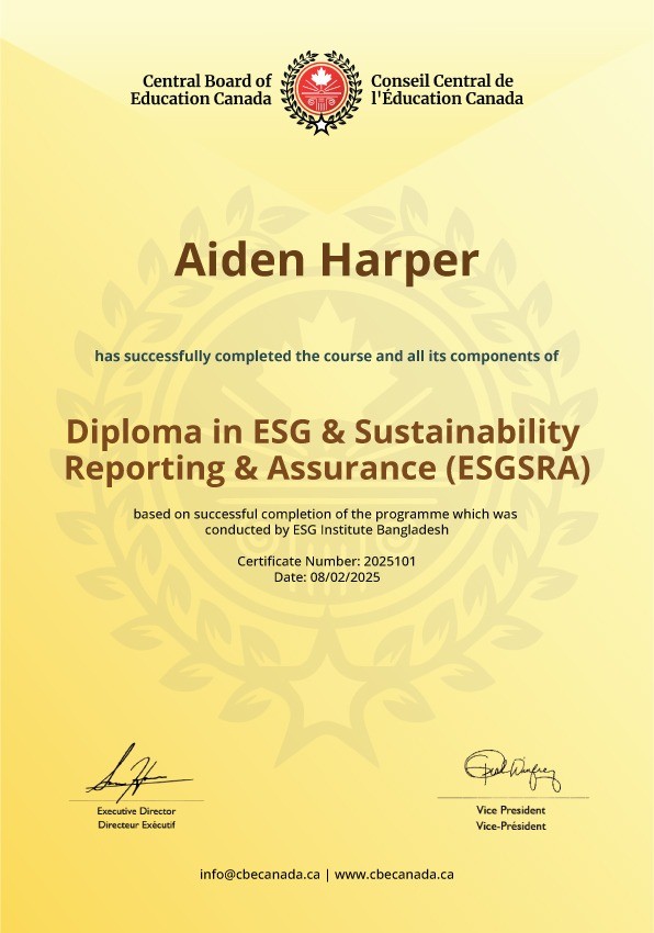 Sample certificate accredited by the Central Board of Education Canada