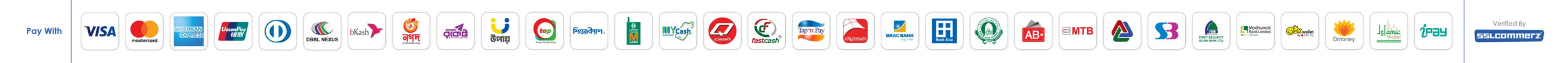 Pay with Visa, Mastercard, American Express, bKash, Nagad, Rocket, major Bangladeshi banks and mobile wallets. Verified by SSLCommerz